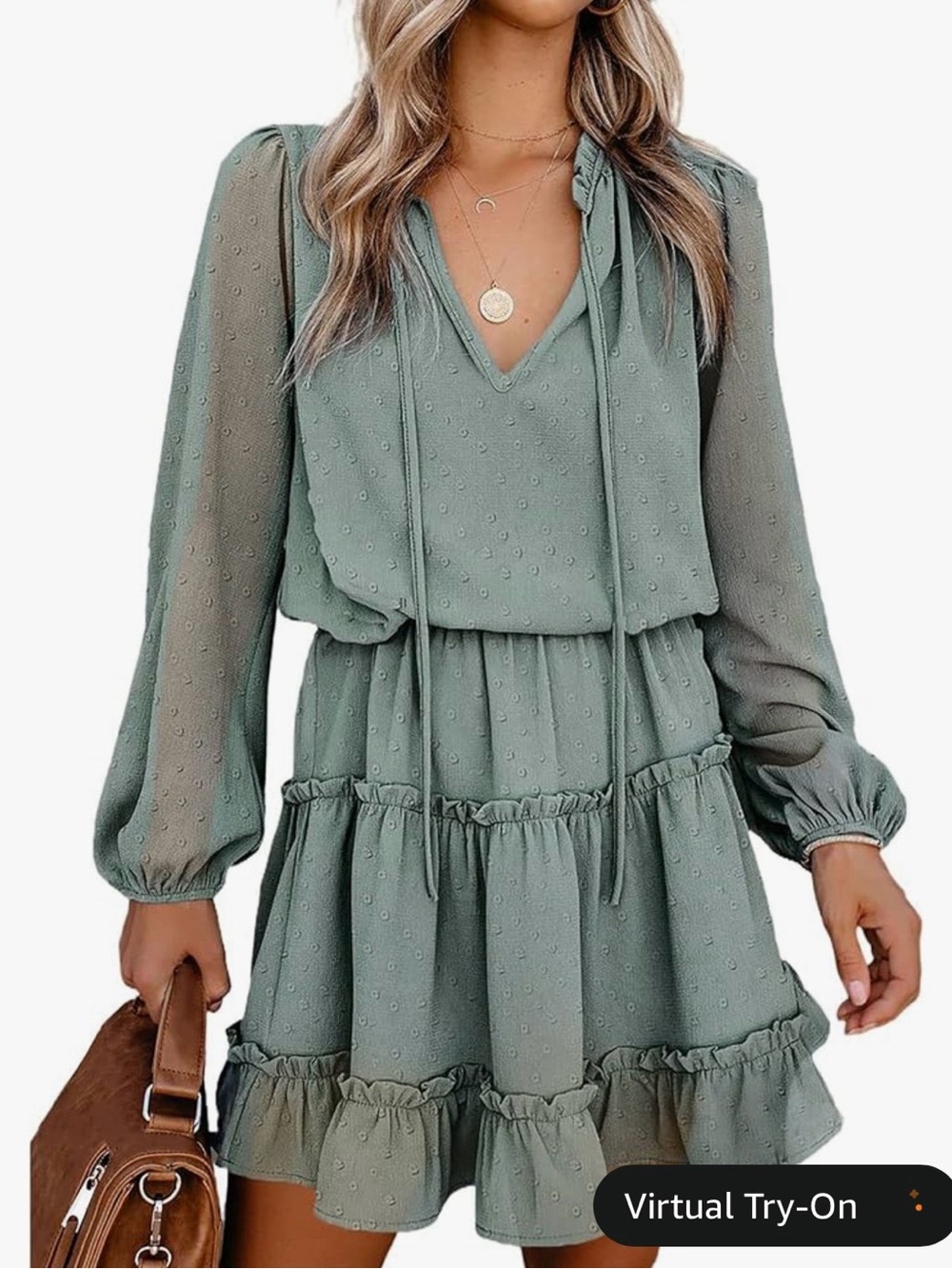 Chiffon Smocked Tiered Mini Dress - Sage Green
